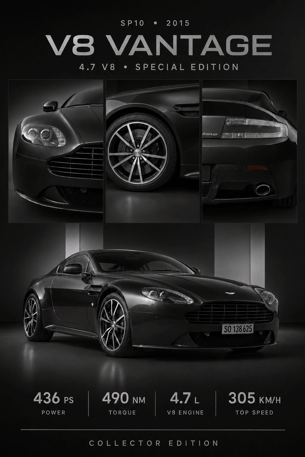 V8 Vantage 2015 Collector Edition mit 4.7 V8 Motor, 436 PS und 305 km/h Höchstgeschwindigkeit auf einem Kunstdruck.