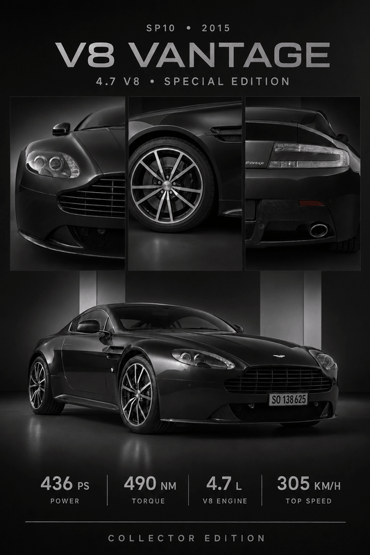 V8 Vantage 2015 Collector Edition mit 4.7 V8 Motor, 436 PS und 305 km/h Höchstgeschwindigkeit auf einem Kunstdruck.